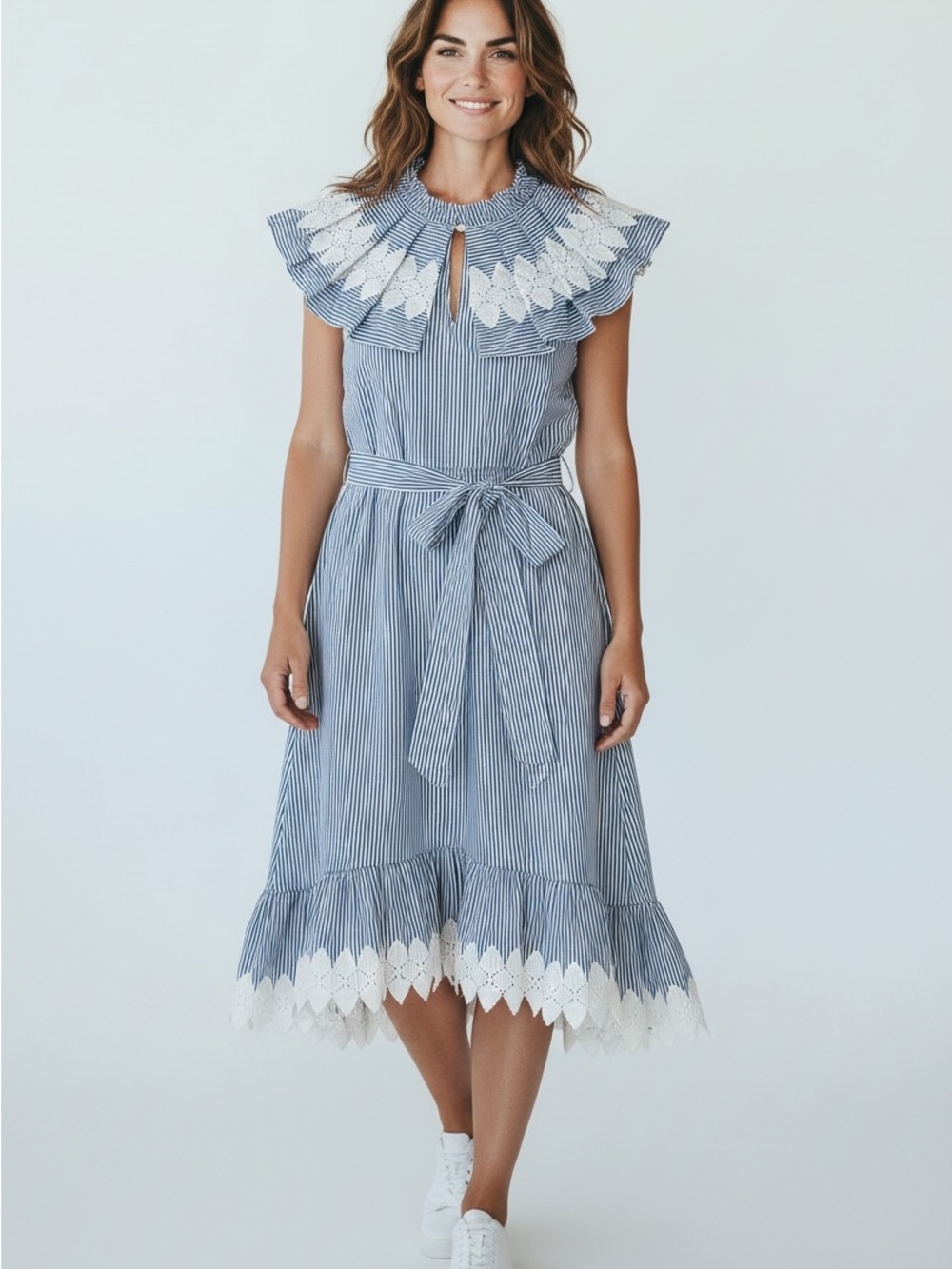 Ted Baker London Blue & White Striped Lace-Trim Midi Dress